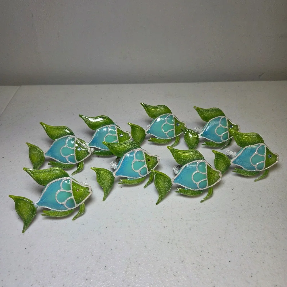 Metal Fish Napkin Rings Green‎ Blue Nautical Beach Set of 8